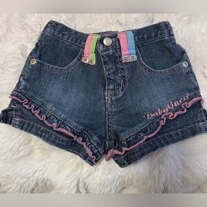 Baby Guess Denim Shorts 6-9M Ruffle Trim Heart Pockets Pink Stitch